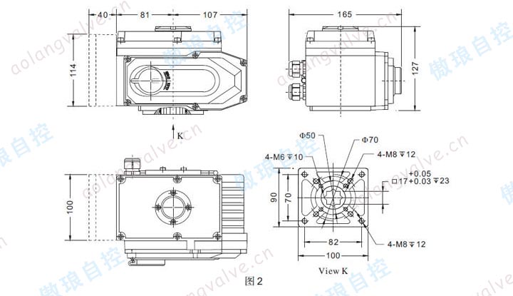 AQX-010 和 AQX-015 外形及安裝尺寸(虛線部分為模擬量控制盒，開關(guān)型無(wú)此尺寸)