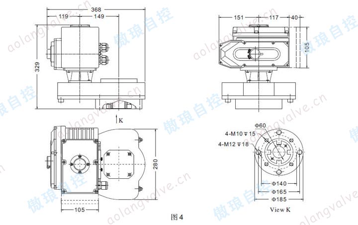 AQX-100 ~ AQX-300 外形及安裝尺寸(虛線部分為模擬量控制盒，開關(guān)型無(wú)此尺寸)